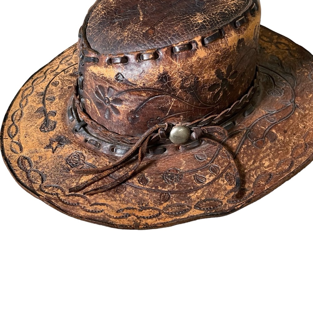 (SOLD) HANDMADE Vintage Hand Tooled Leather Mexican Western Cowboy Hat Hat O/S - Picture 8 of 15